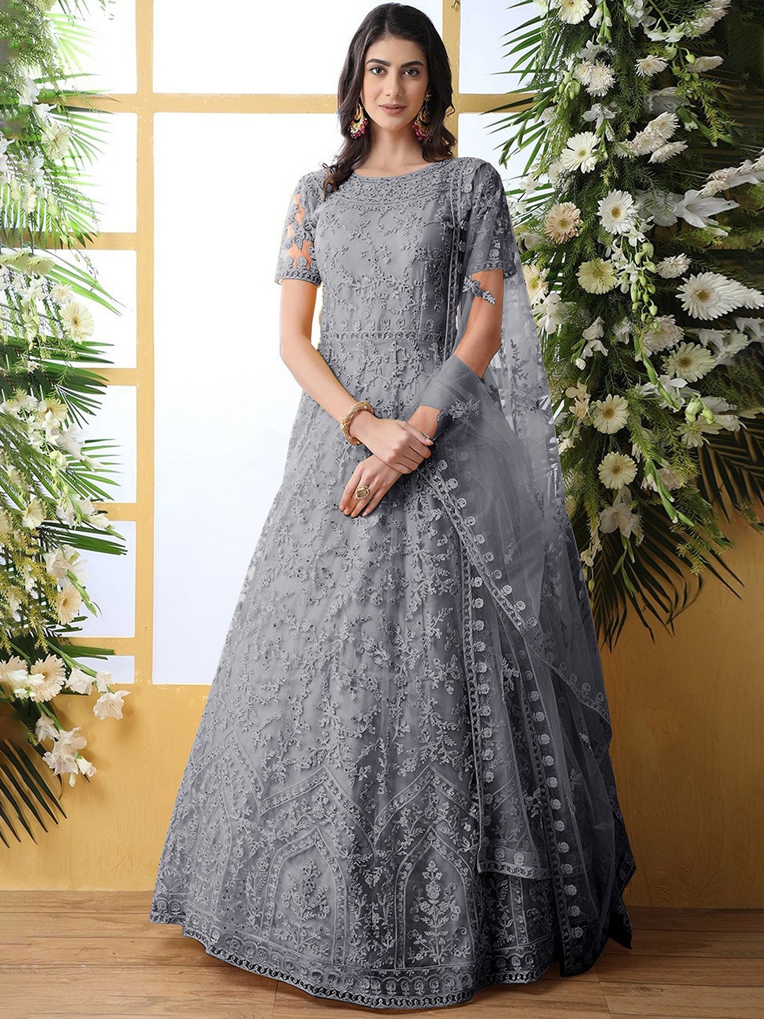 

A TO Z CART Women Embroidered Net Gown Maxi Dress, Grey