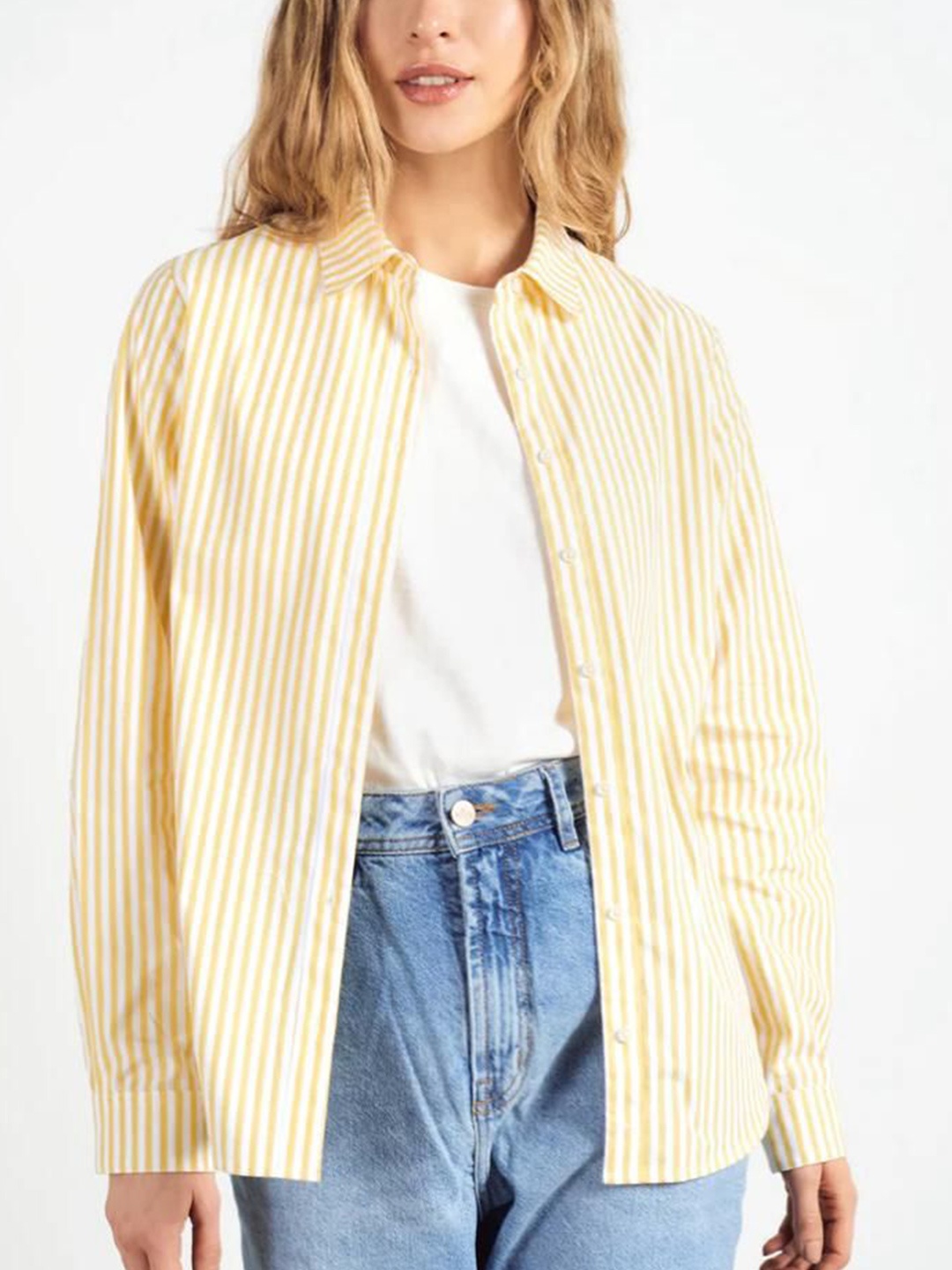 

Just Fab Women Standard Slim Fit Spread Collar Vertical Striped Cotton Casual Shirt, Yellow