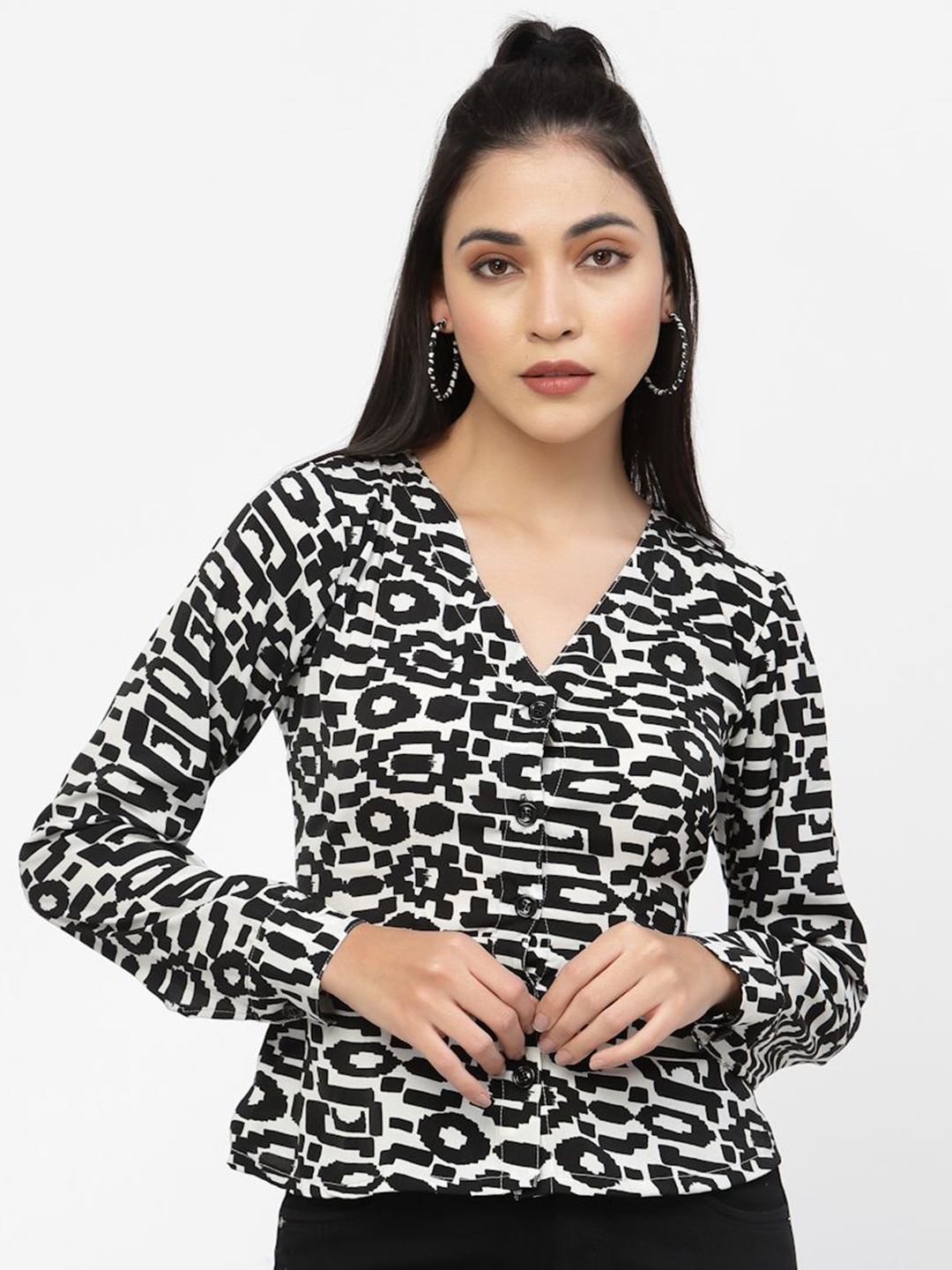 

DELIS Print Georgette Peplum Top, Black