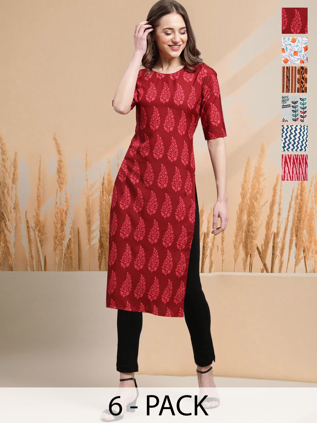 

7Threads Selection of 6 Floral Printed Round Neck Straight Kurtas, Red