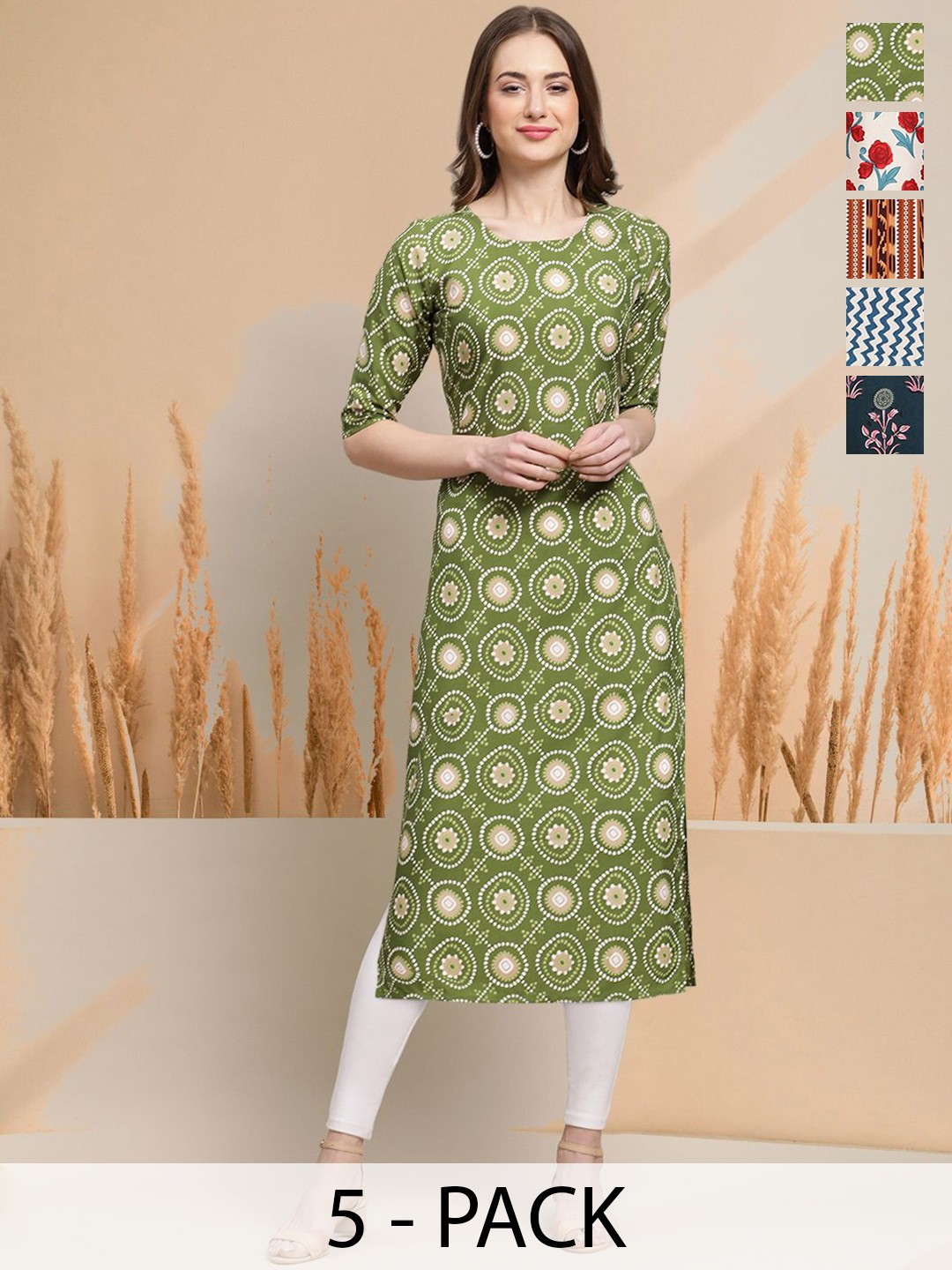 

7Threads Selection Of 5 Ethnic Motifs Printed Round Neck Straight Kurtas, Olive