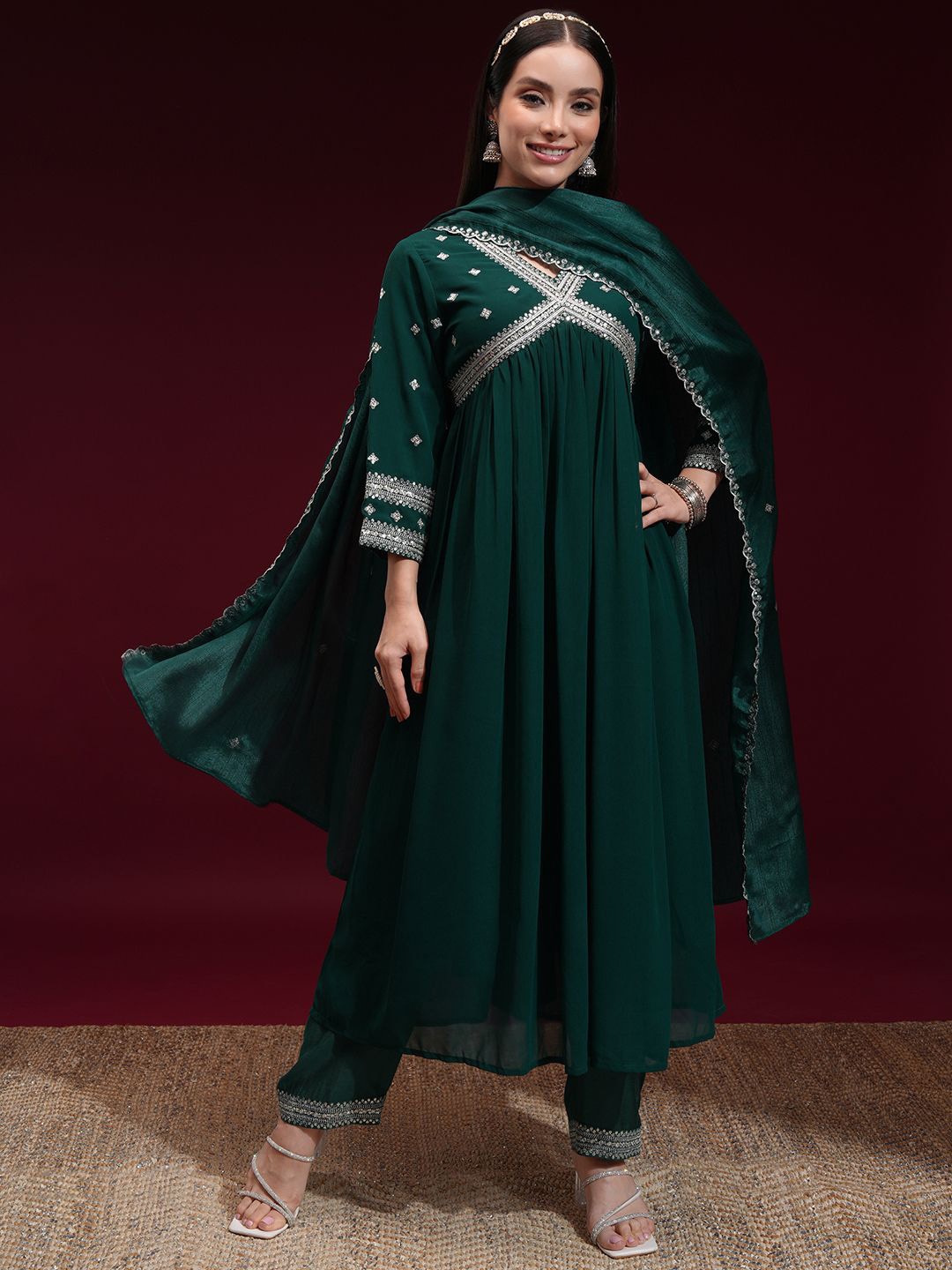 

Vishudh Floral Yoke Design Embroidered V-Neck Anarkali Kurta With Trousers And Dupatta, Teal