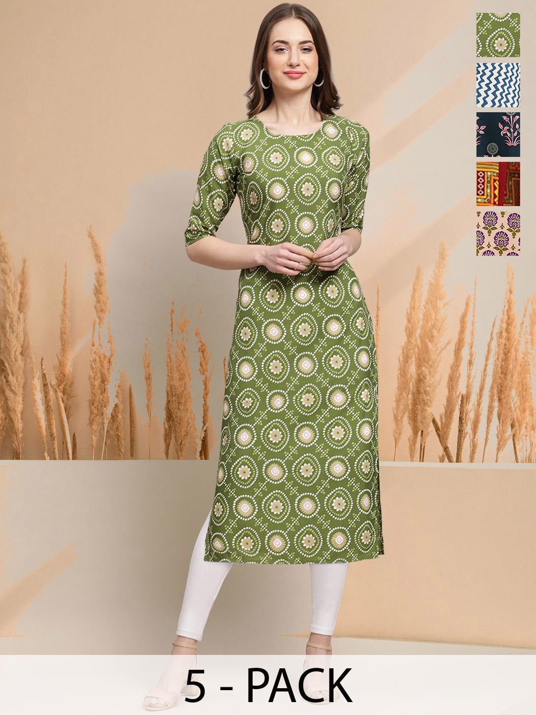 

7Threads Selection Of 5 Floral Printed Round Neck Straight Kurtas, Olive