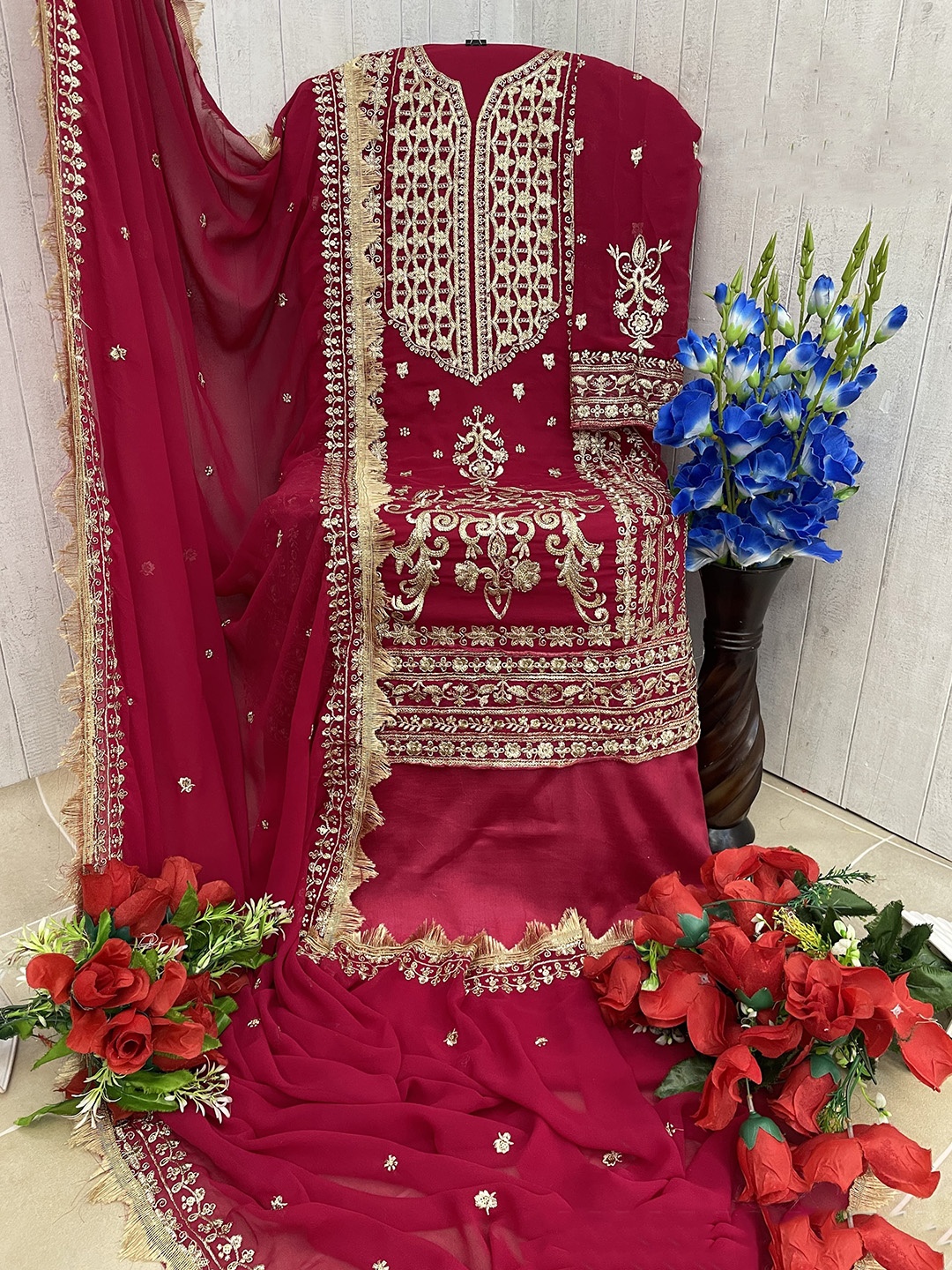 

ANAMSA Floral Embroidered Zari Semi-Stitched Dress Material, Maroon