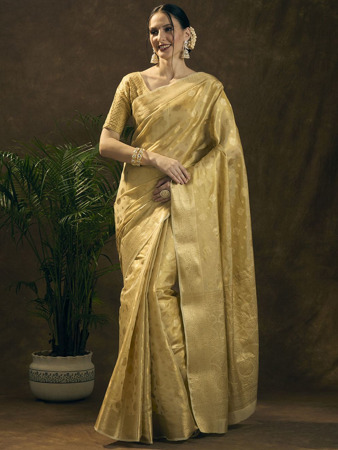 

JUST FASHION Woven Design Banarasi Saree, Beige