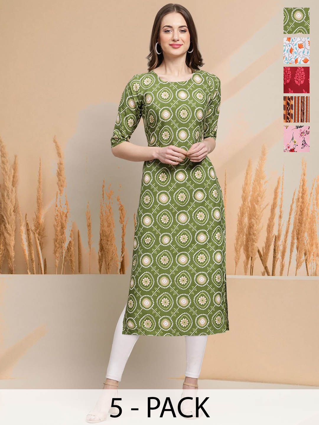 

7Threads Selection of 5 Geometric Printed Round Neck Straight Kurtas, Green