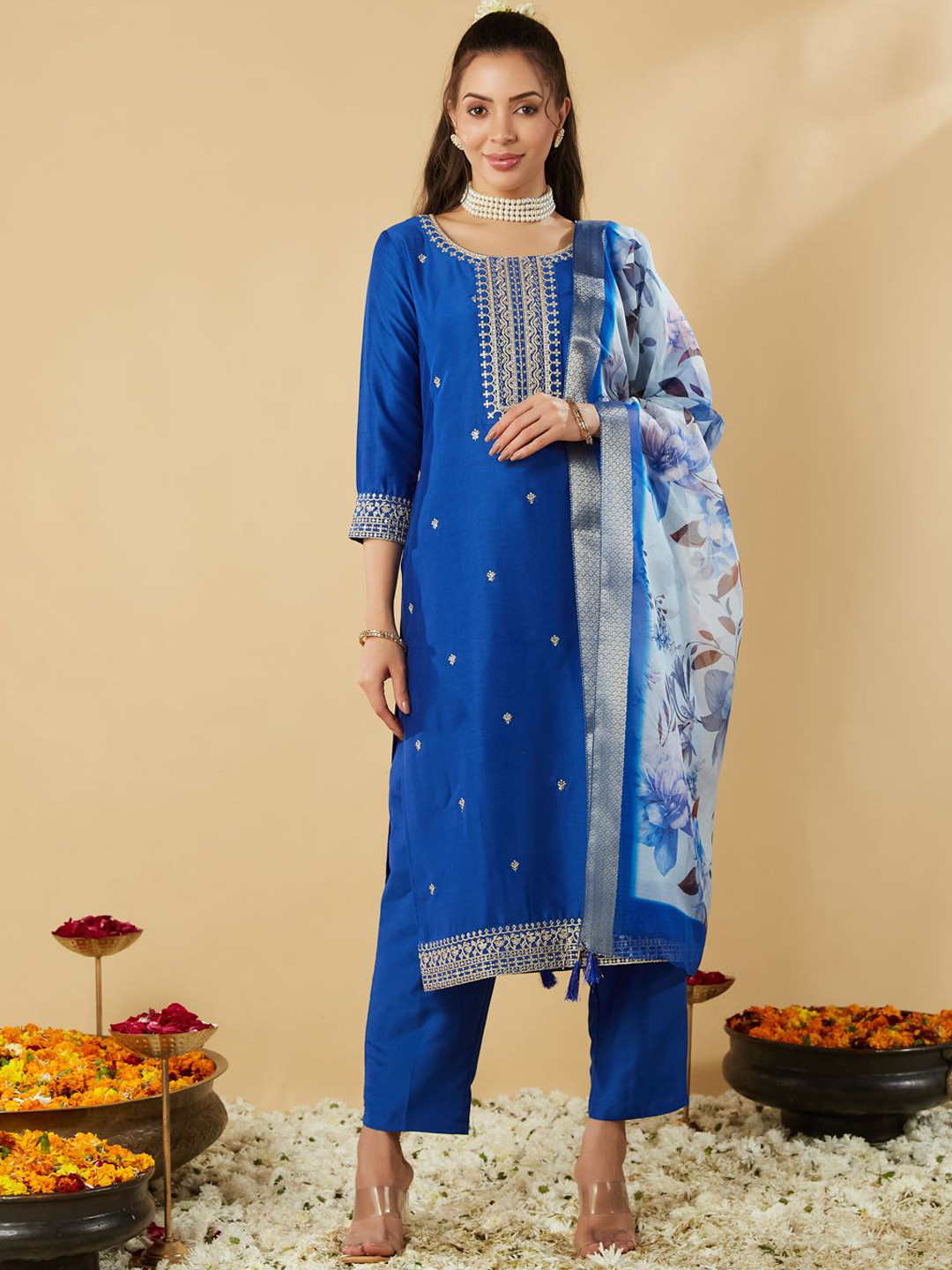 

MOKOSH Floral Embroidered Straight Kurta With Trousers And Dupatta, Blue