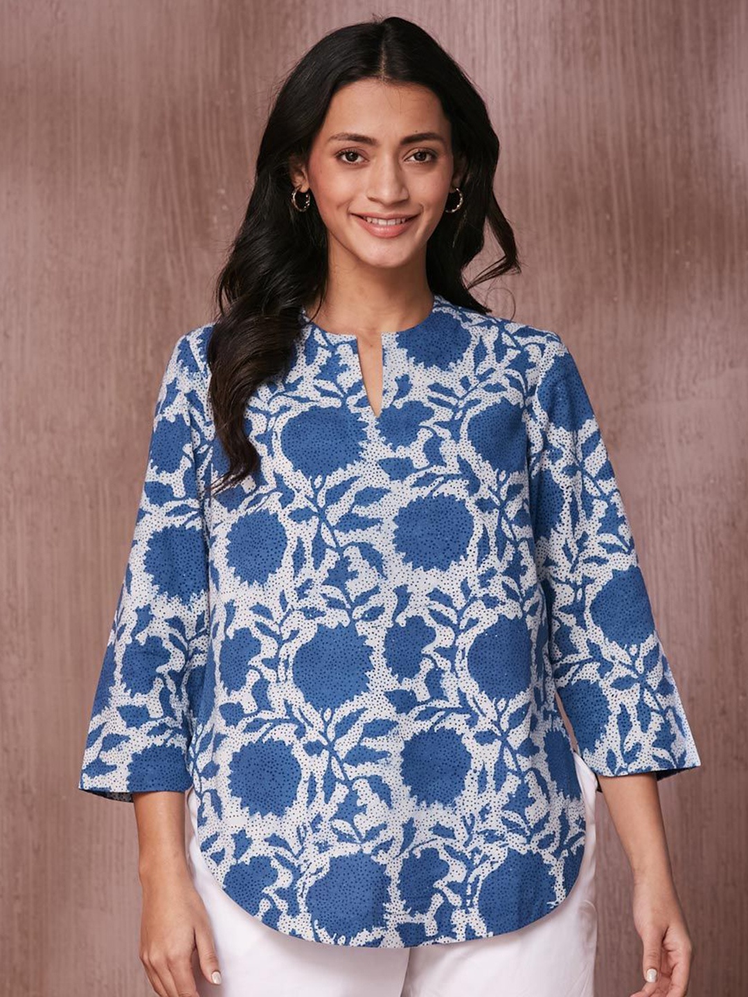 

Fabindia Floral Print Mandarin Collar Cotton Top, Blue