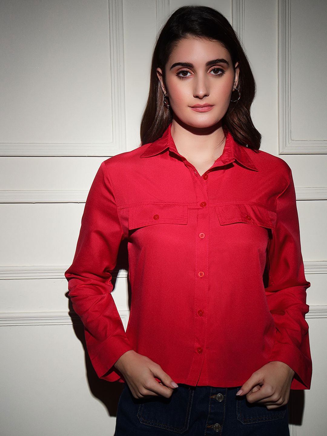 

BAESD Women Standard Fit Spread Collar Solid Casual Shirt, Red