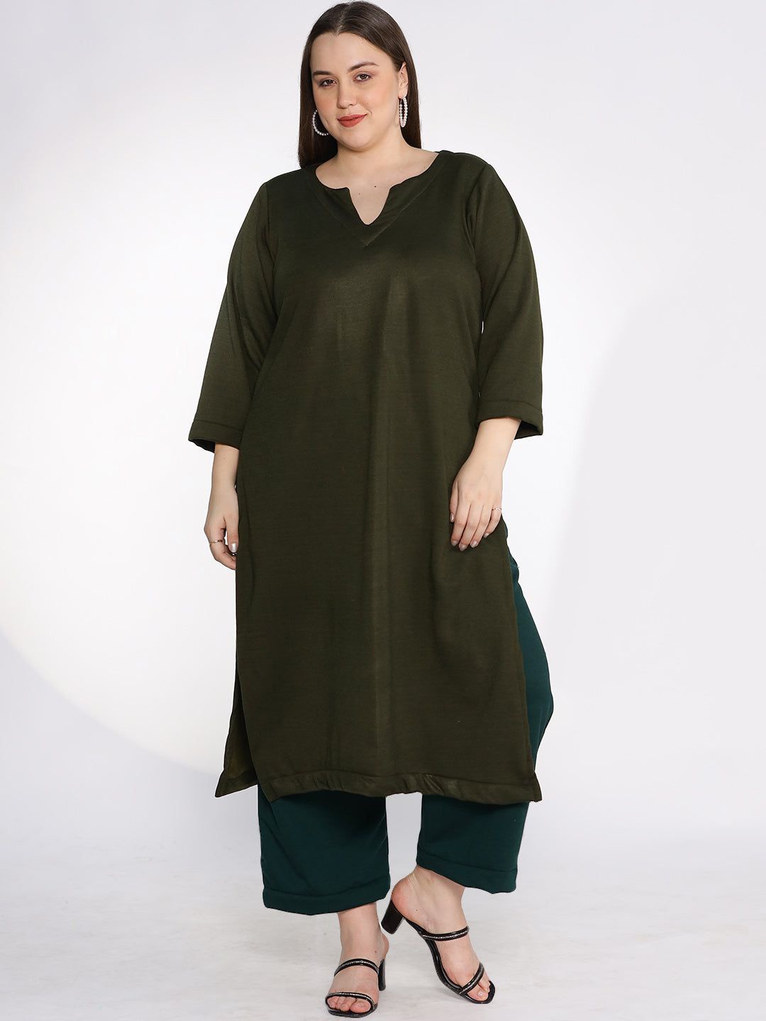 

LetsDressUp Plus Size Round Neck Fleece Straight Kurta, Olive