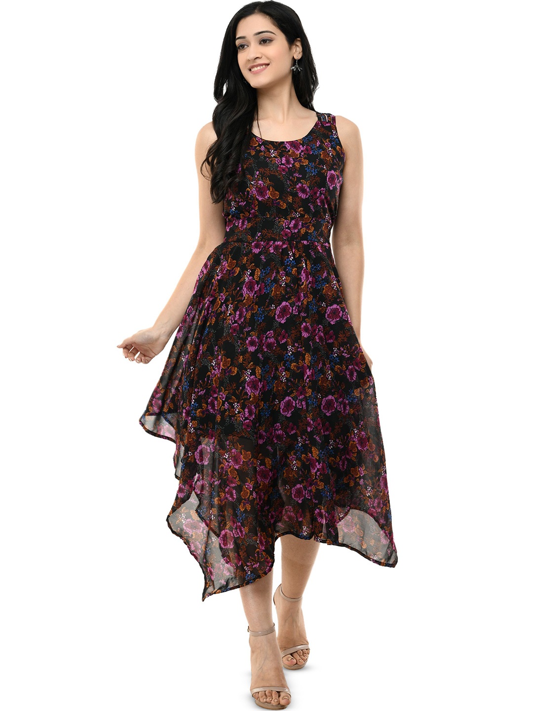 

SHAHVEER CREATION Floral Print Georgette Fit & Flare Midi Dress, Black