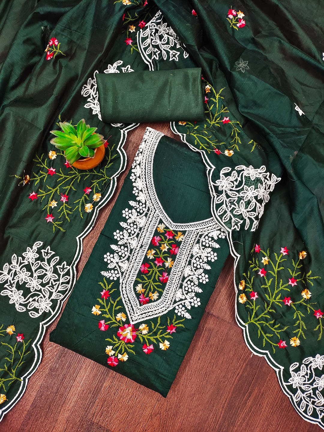 

KALINI Floral Embroidered Chanderi Cotton Unstitched Dress Material, Green