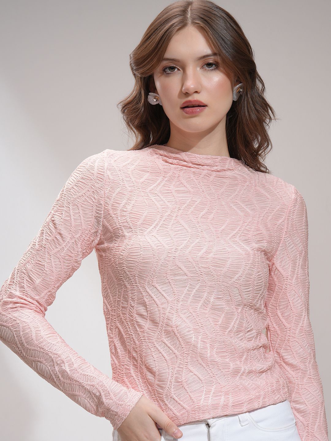 

Tokyo Talkies Women Solid Slim Fit High Neck Top, Peach
