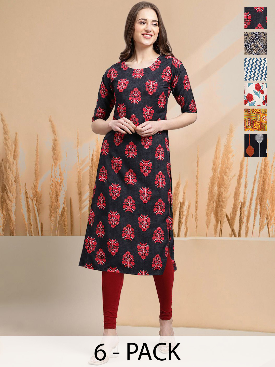 

7Threads Selection Of 6 Floral Printed Round Neck Straight Kurtas, Navy blue