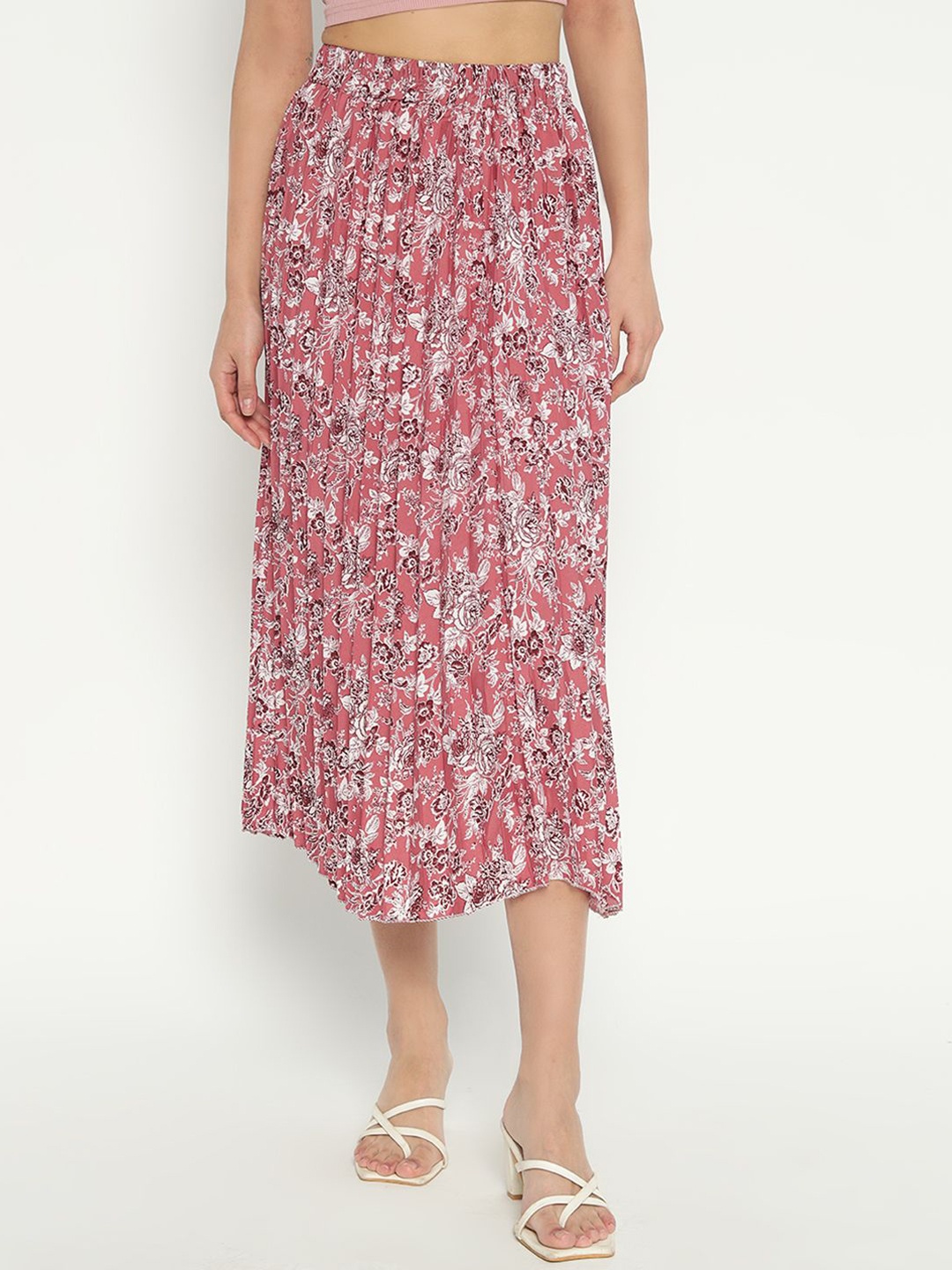 

Femvy Printed Pleated Midi A-Line Skirt, Pink