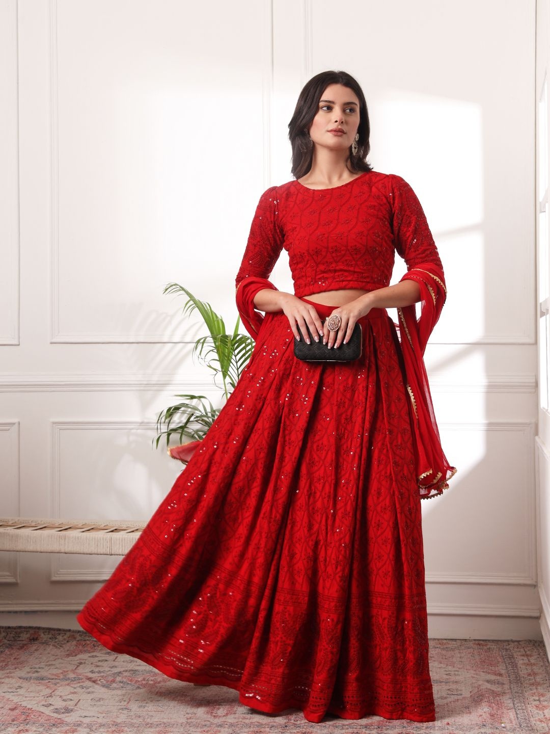 

PRENEA Embroidered Ready to Wear Lehenga & Blouse With Dupatta, Red
