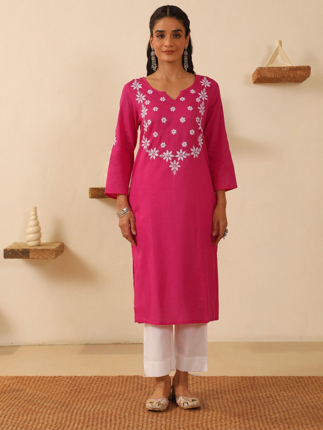 

House Of Chikankari Chikankari Woven Cotton Kurta, Pink