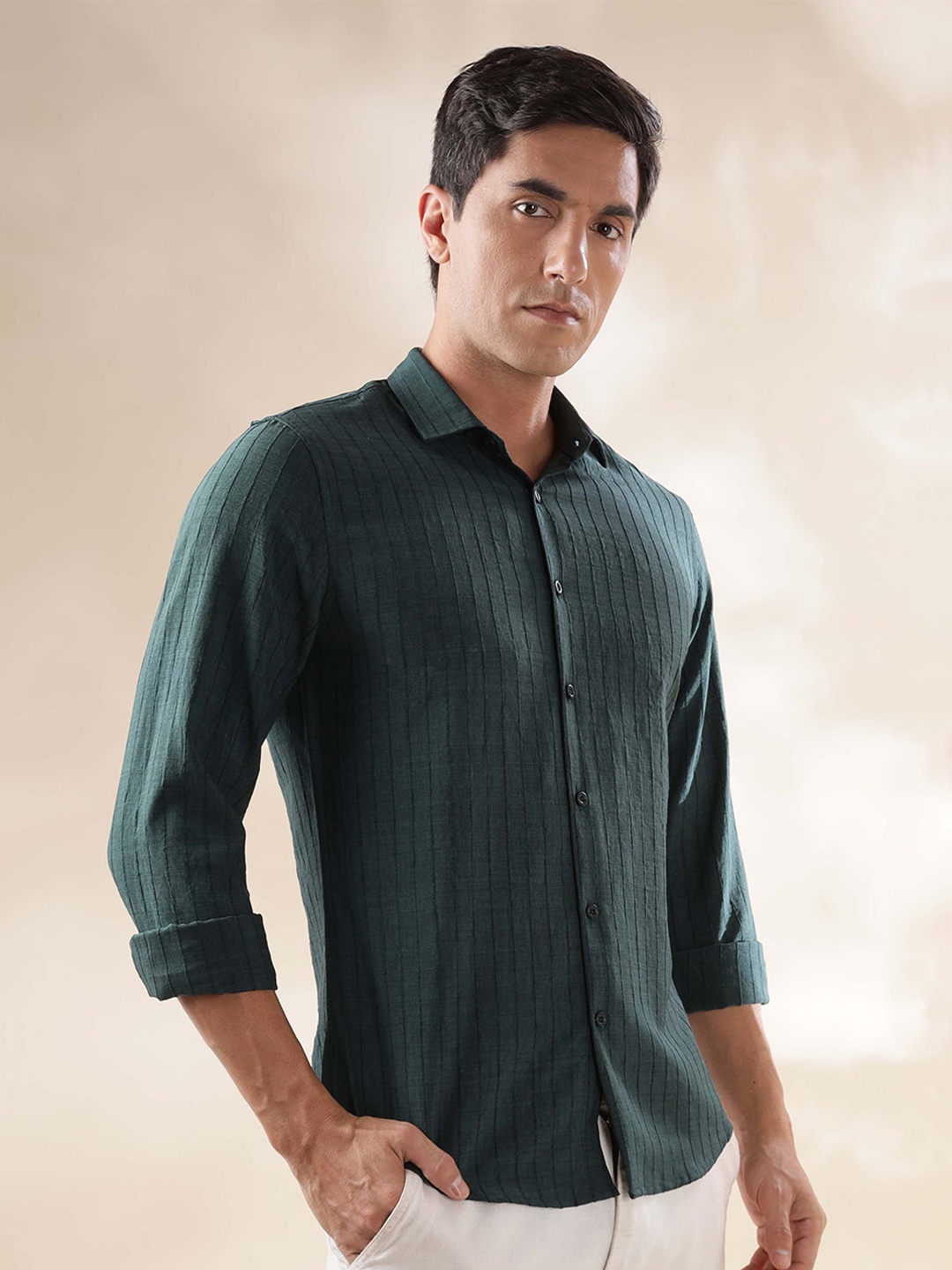 

HERE&NOW Men Slim Fit Opaque Striped Casual Shirt, Teal
