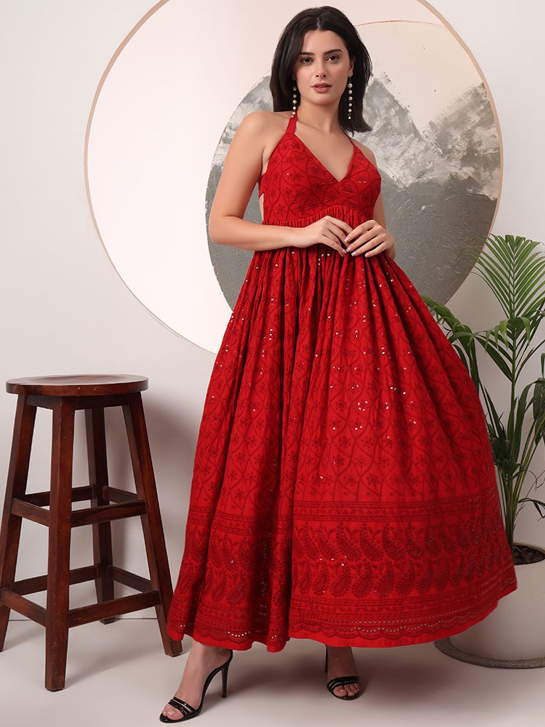 

PRENEA Women Ethnic Motifs Embroidered Halter Neck Gown Maxi Dress, Red