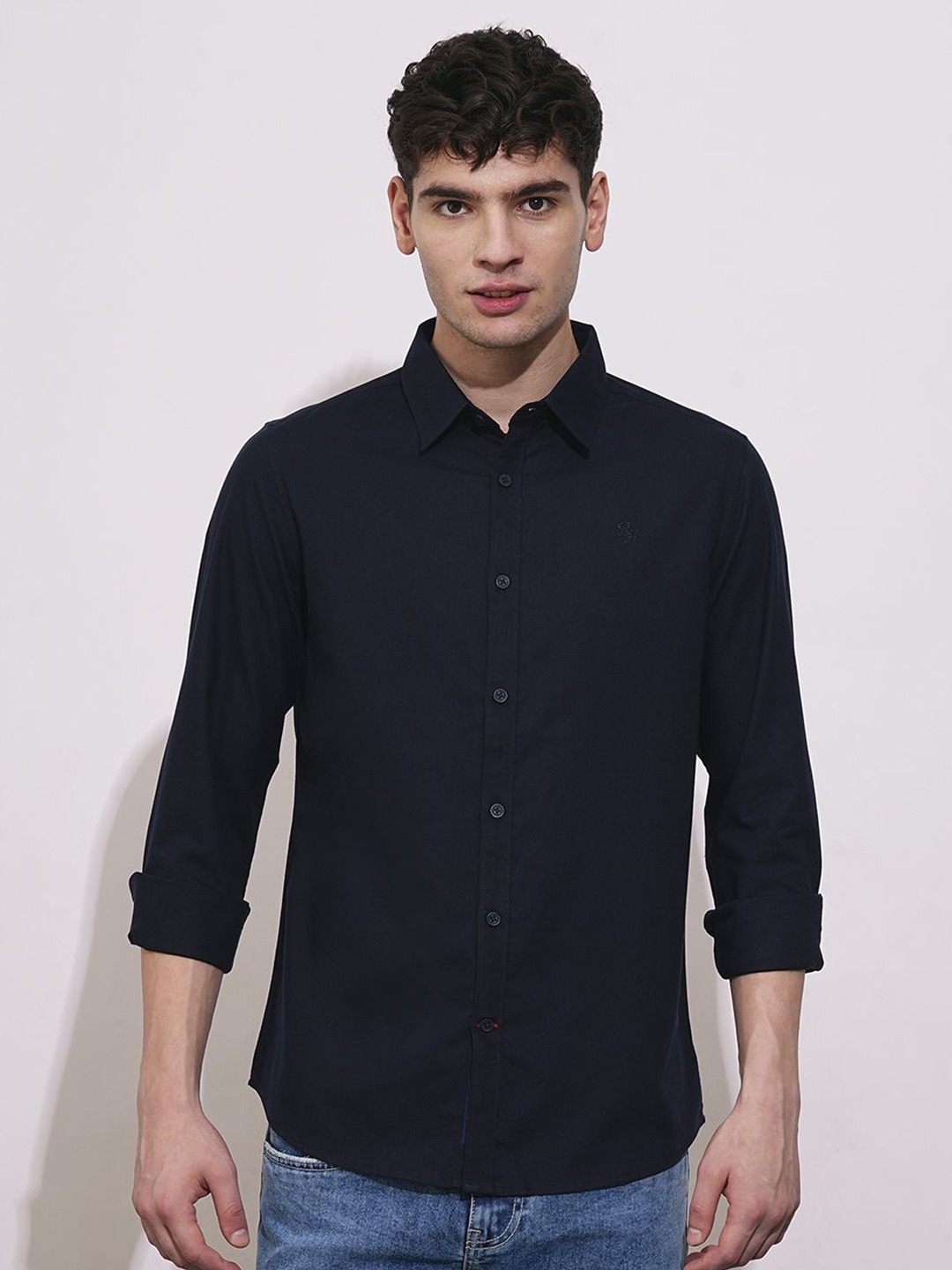 

Being Human Men Classic Slim Fit Spread Collar Solid Cotton Casual Shirt, Navy blue