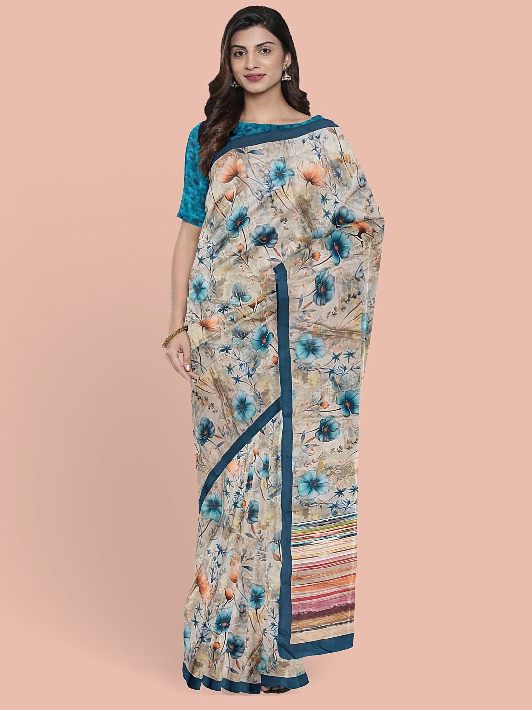 

Avyay Creation Floral Printed Saree, Cream