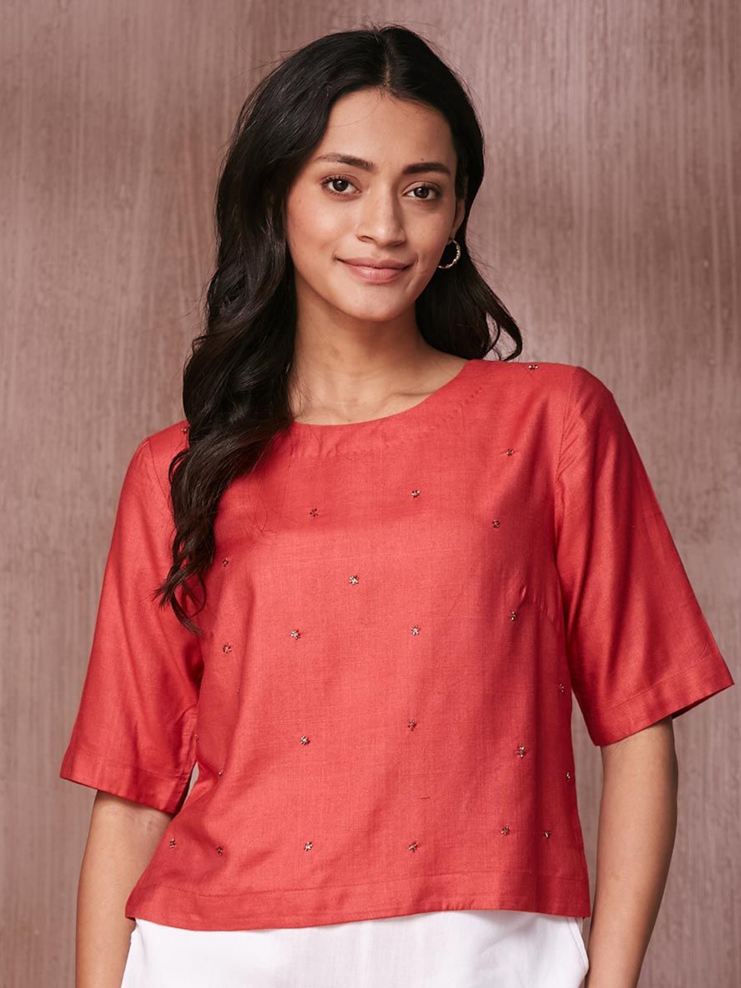 

Fabindia Women Embroidered Top, Coral