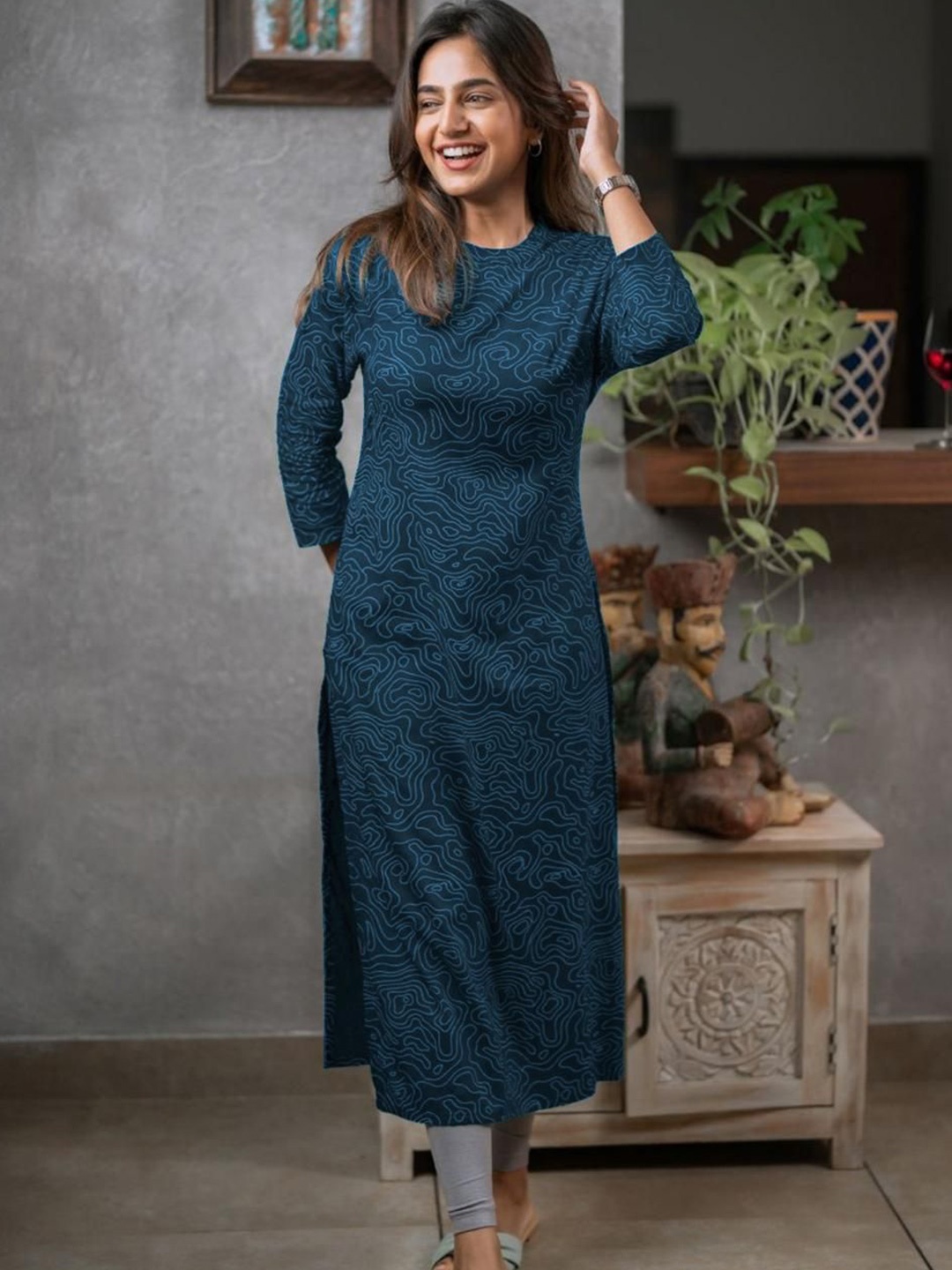 

BINDUDI Women Abstract Printed Straight Kurta, Teal