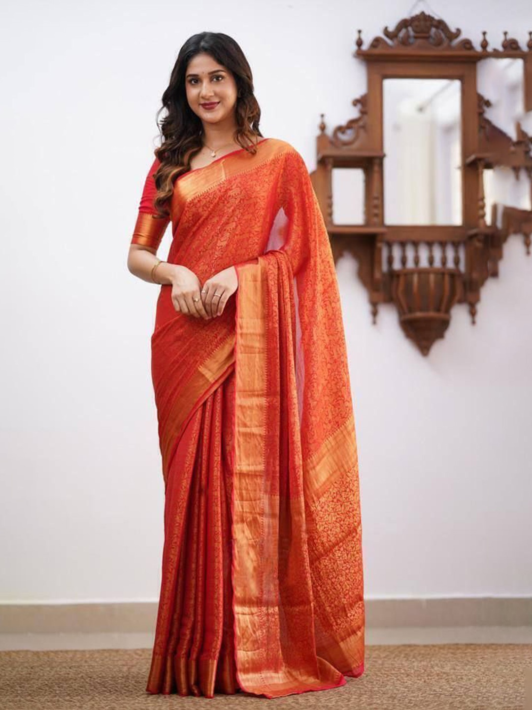 

Upalksh Floral Woven Design Zari Kota Saree, Red