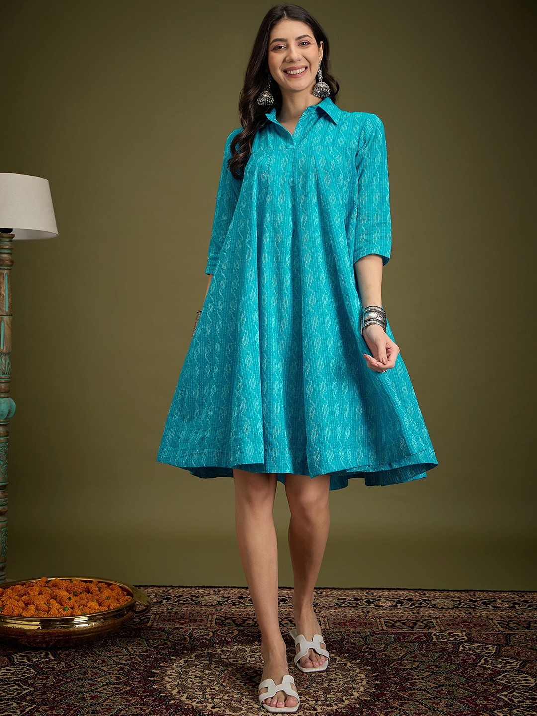 

InWeave Women Ethnic Motifs Printed Cotton A-Line Dress, Blue