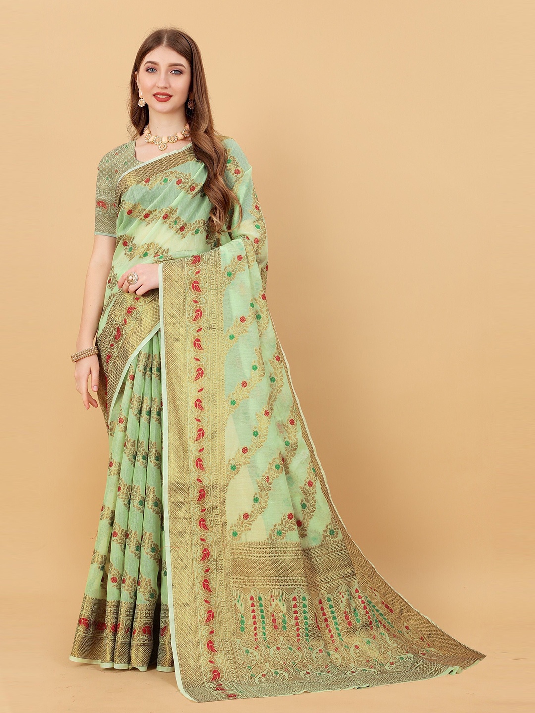 

Upalksh Floral Woven Design Banarasi Saree, Green