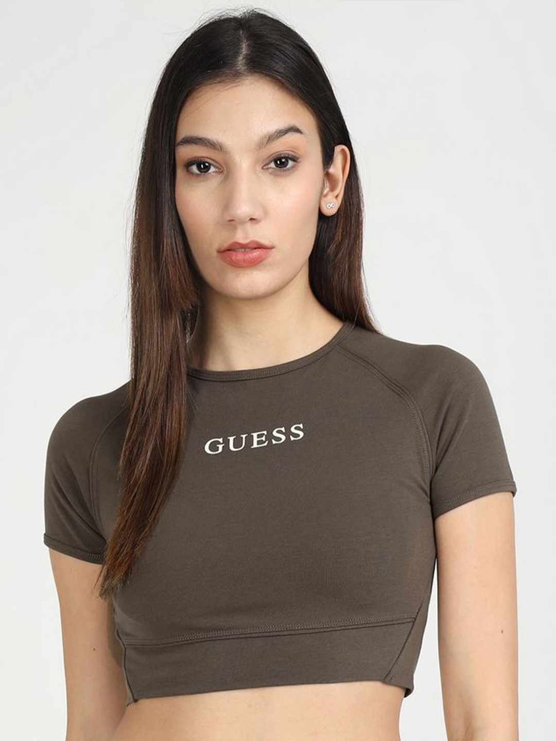 

GUESS Women Round Neck Fitted Crop Top, Brown