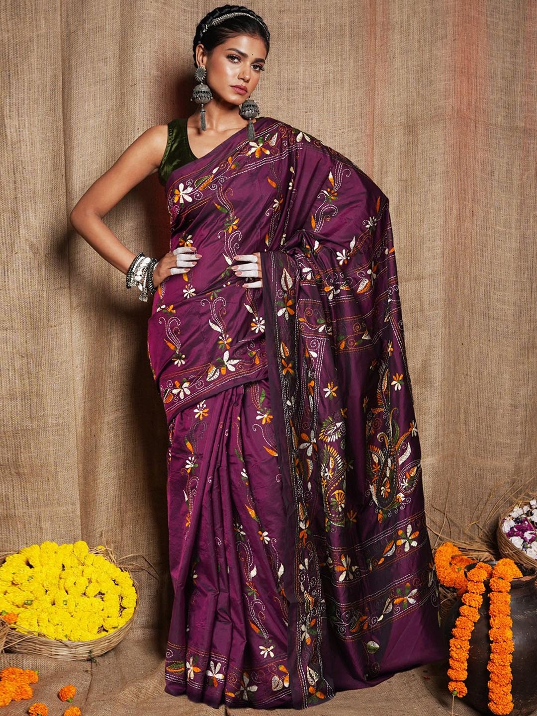 

Unnati Silks Floral Embroidered Kantha Work Handloom Saree, Purple