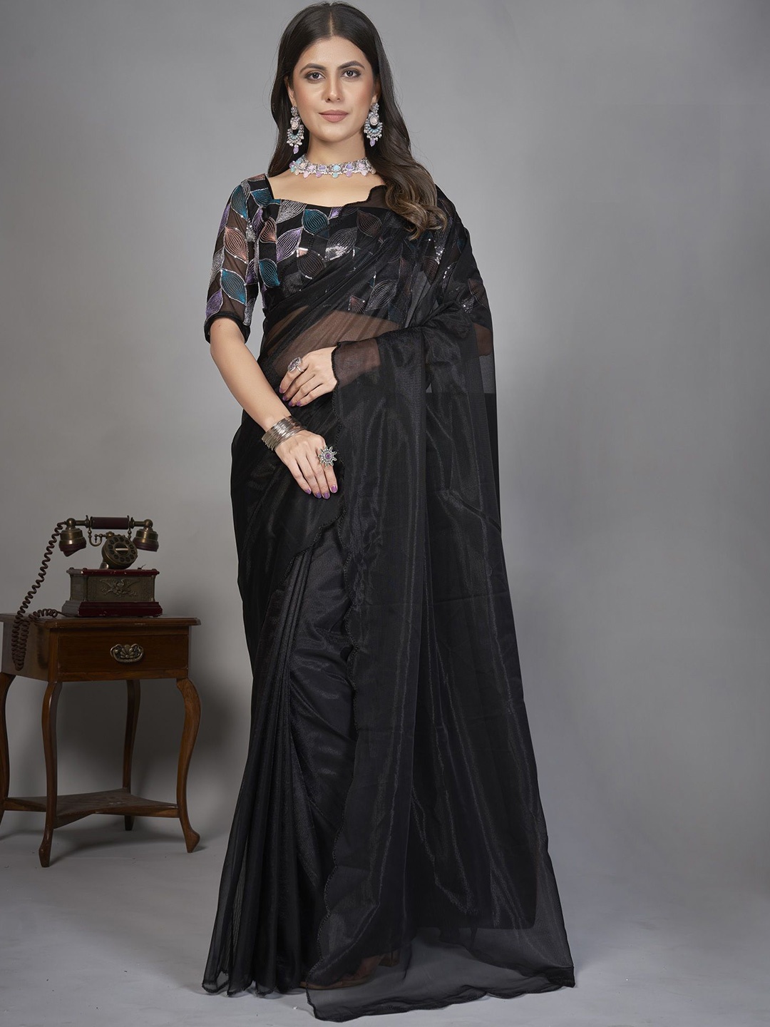 

A TO Z CART Solid Embroidered Organza Saree, Black