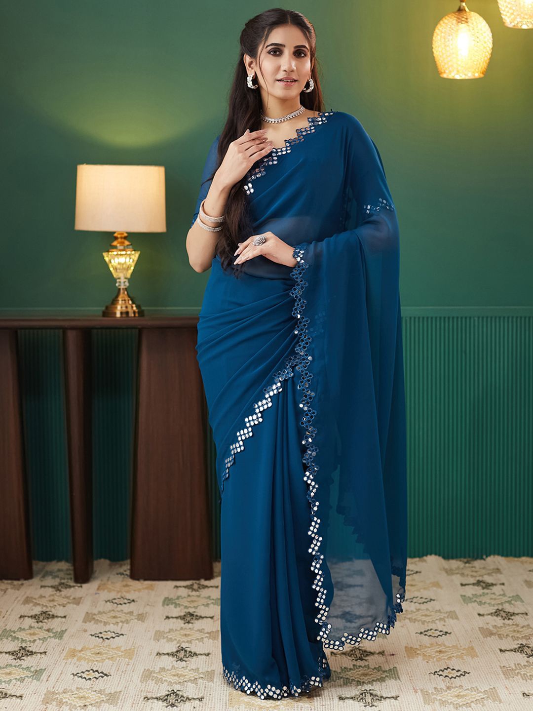 

KALINI Mirror Work Pure Georgette Saree, Blue