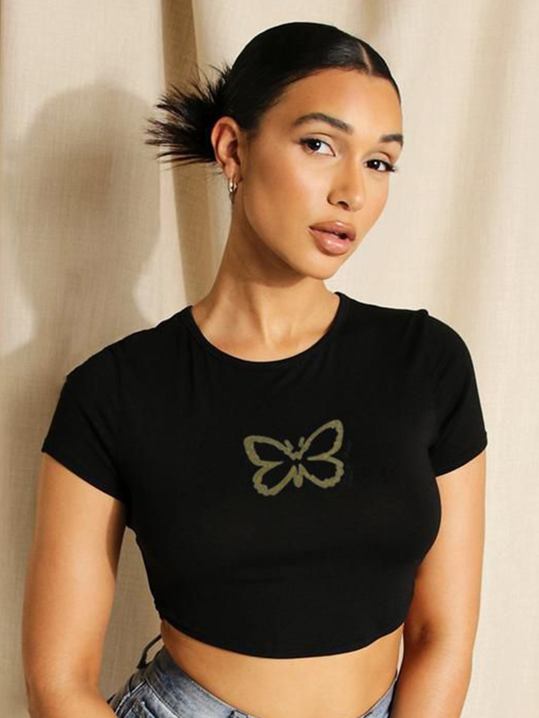 

sollobell Print Cotton Crop Top, Black