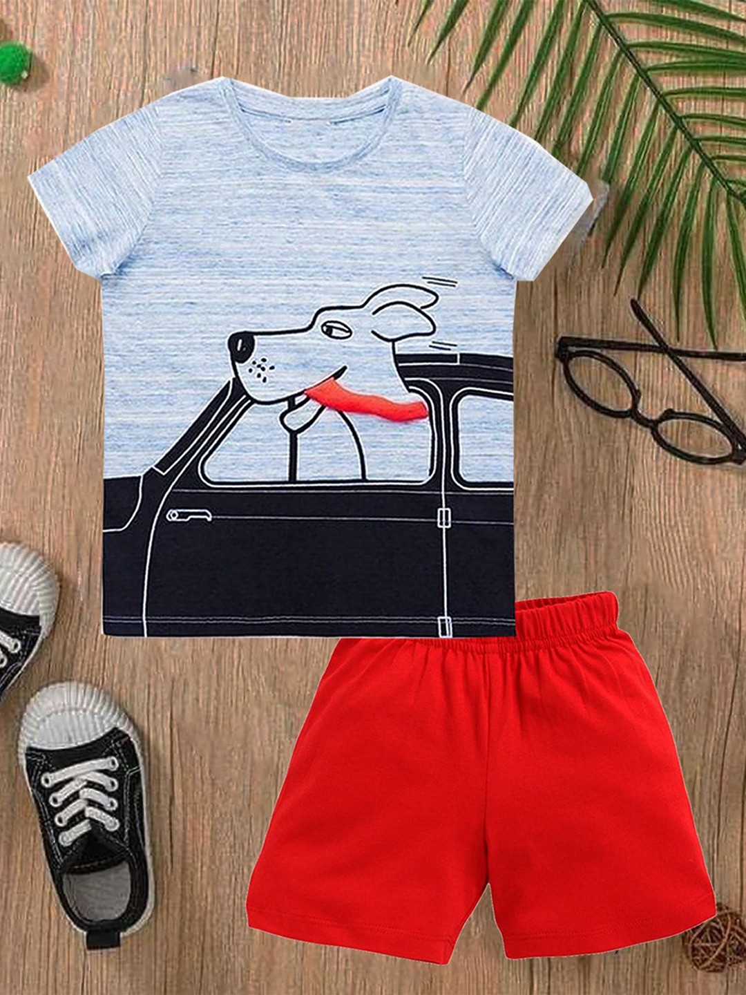 

BILLYBALL Kids Printed Round Neck Pure Cotton T-Shirt With Shorts, Grey