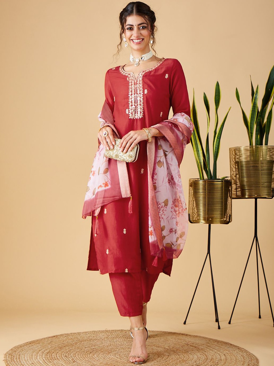 

MOKOSH Floral Embroidered Notch Neck Straight Kurta With Trousers And Dupatta, Red