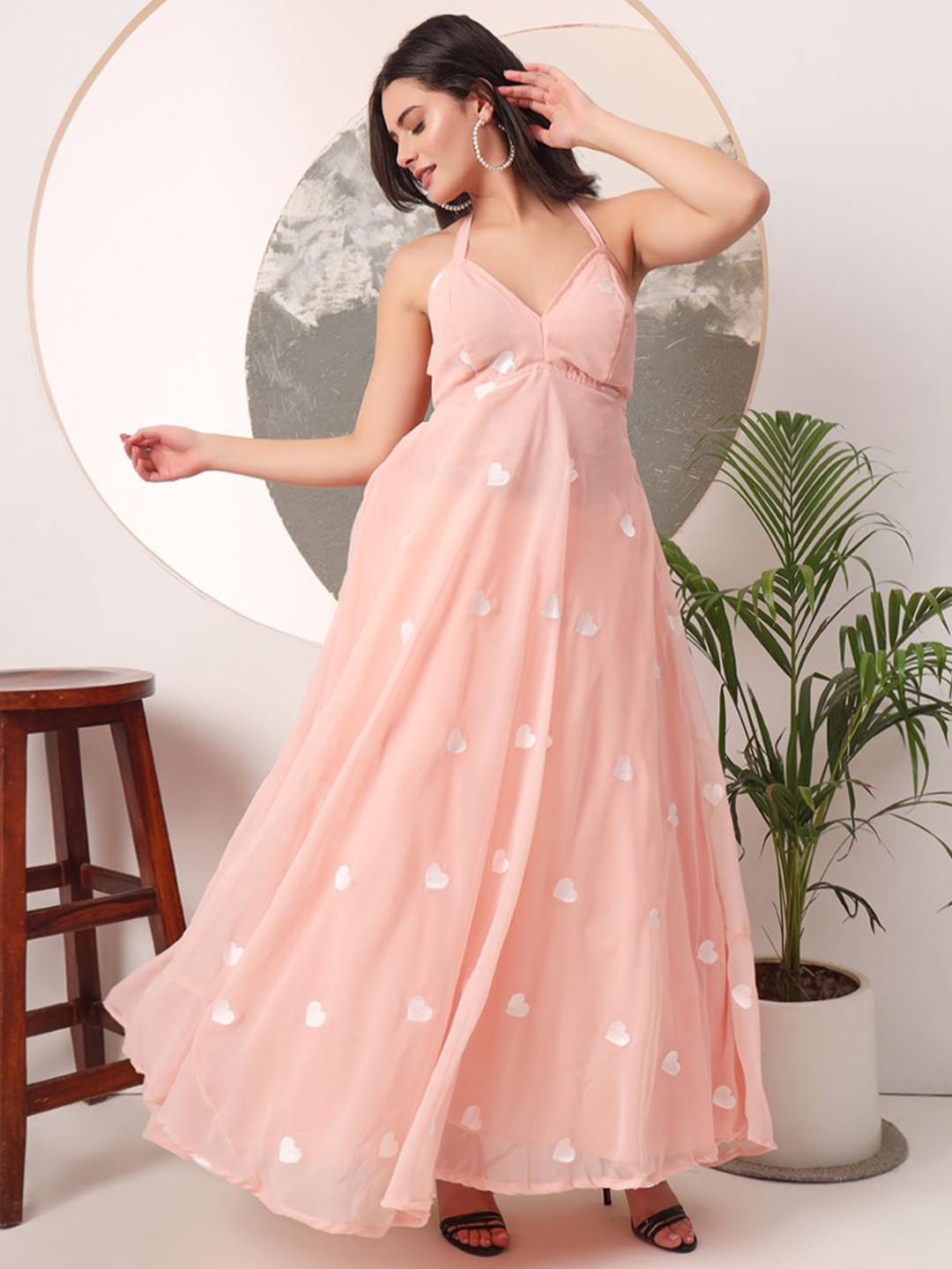 

PRENEA Women Printed Halter Neck Maxi Dress, Peach