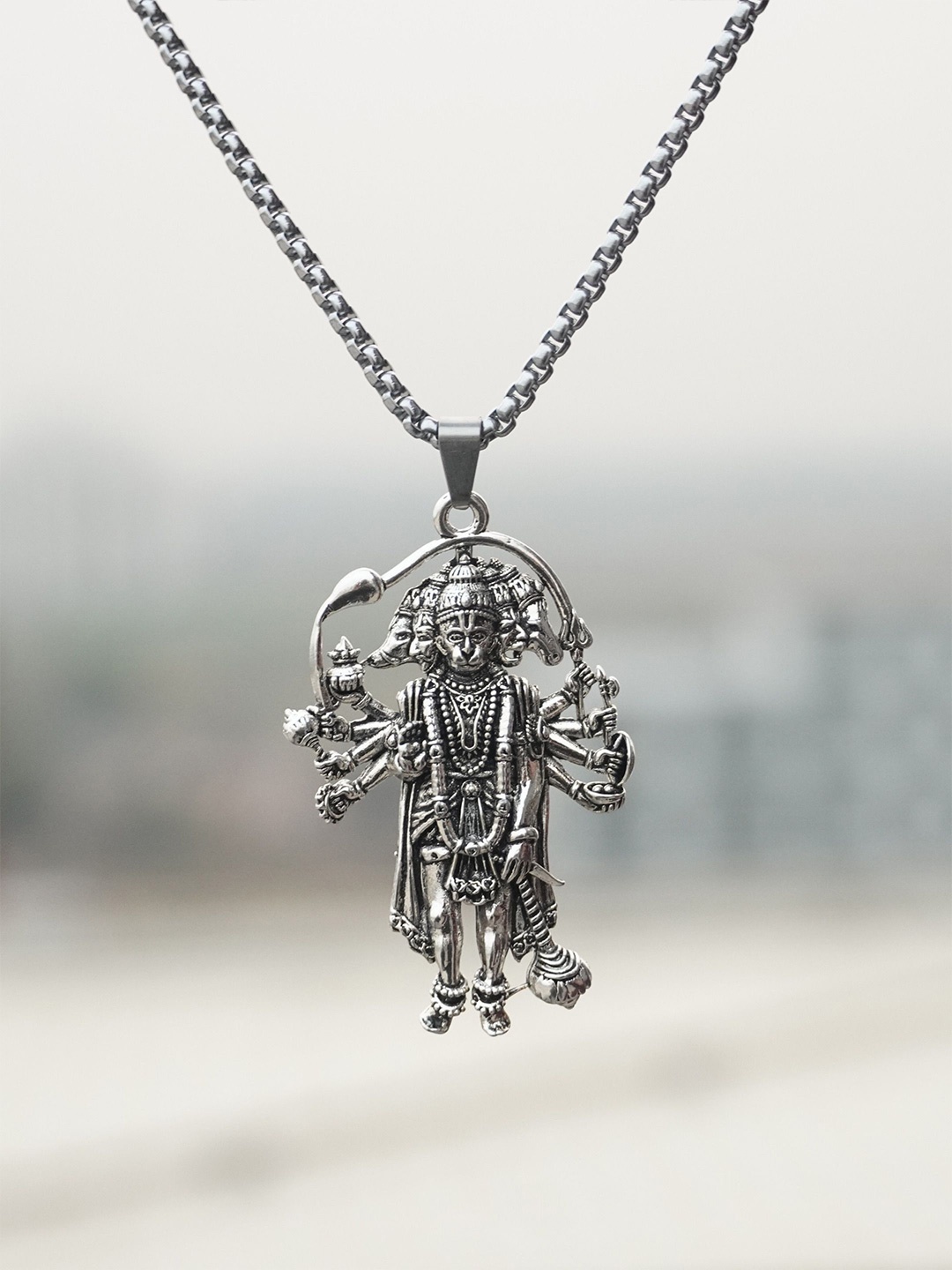 

Japam Unisex Silver Plated Panchmukhi Hanuman Ji Pendant With Chain