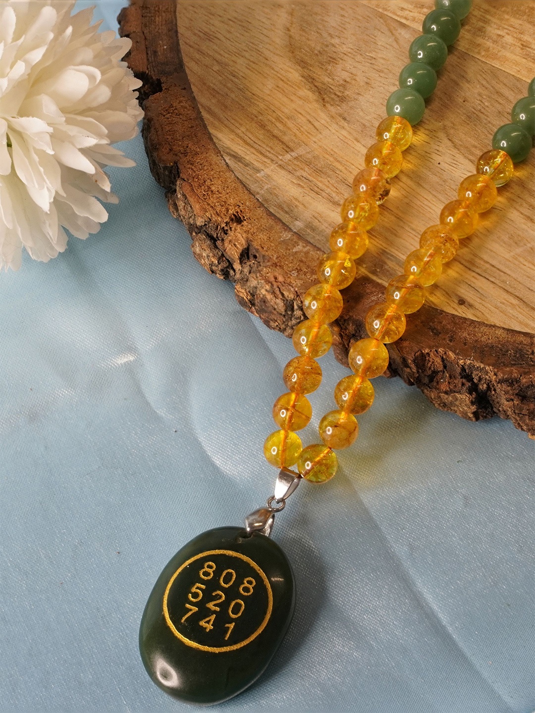 

Japam Money Magnet Mala with Zibu Pendant - Pyrite, Tiger Eye, Citrine & Aventurine Beads, Green