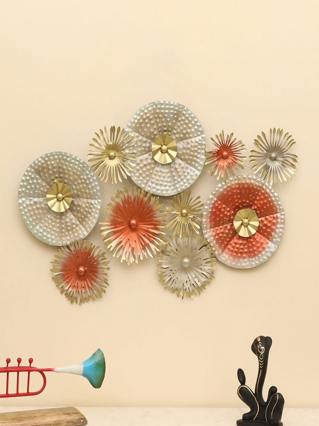 

vedas Gold Toned & Red Mystic Indiana Red Pret Abstract Hammered Wall Decor