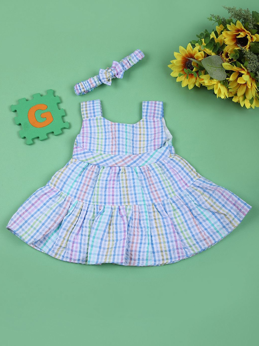 

V-Mart Girls Checked Fit and Flare Midi Dress, Blue