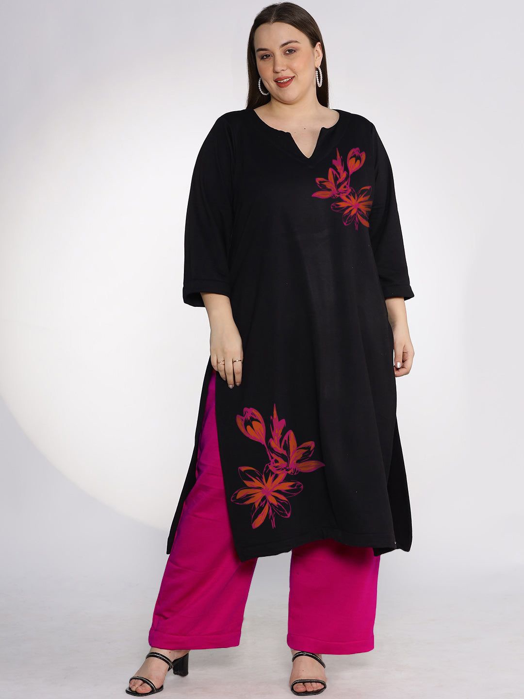

LetsDressUp Plus Size Floral Printed Round Neck Fleece Straight Kurta, Black