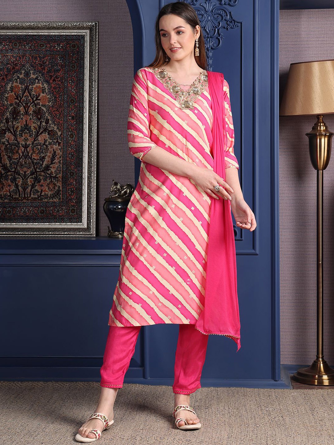 

KALINI Leheriya Printed Cotton Blend V-Neck Straight Kurta With Trousers And Dupatta, Pink