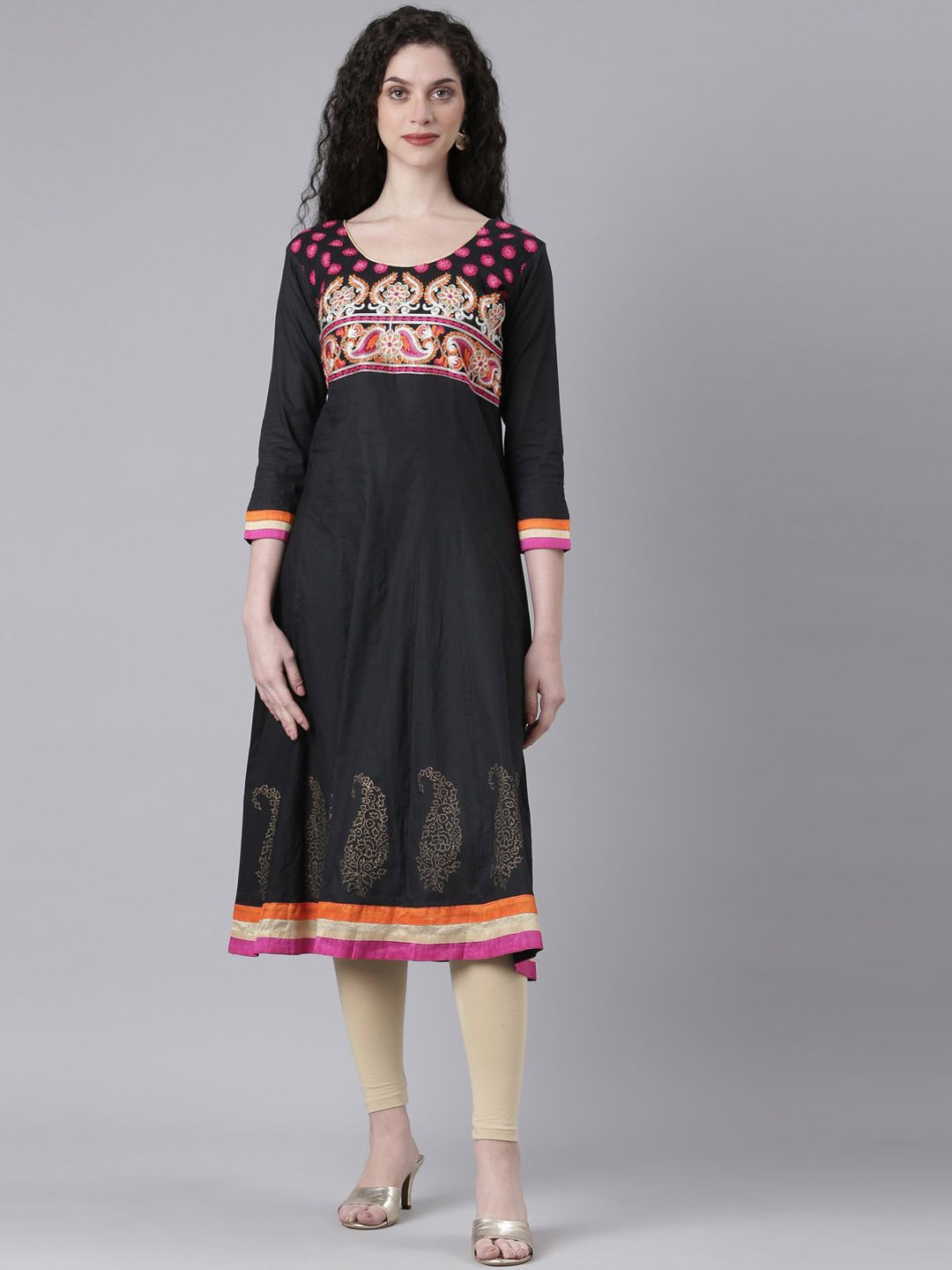 

Souchii Ethnic Motifs Embroidered Pure Cotton A-Line Kurta, Black