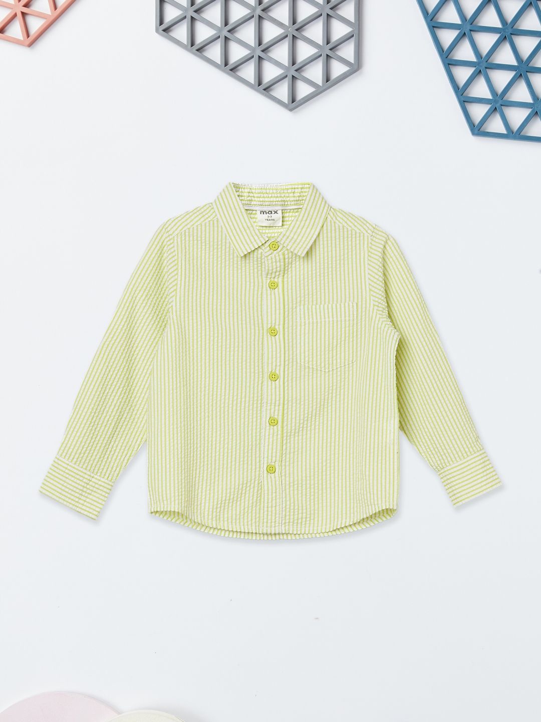 

max Boys Spread Collar Vertical Striped Cotton Casual Shirt, Lime green