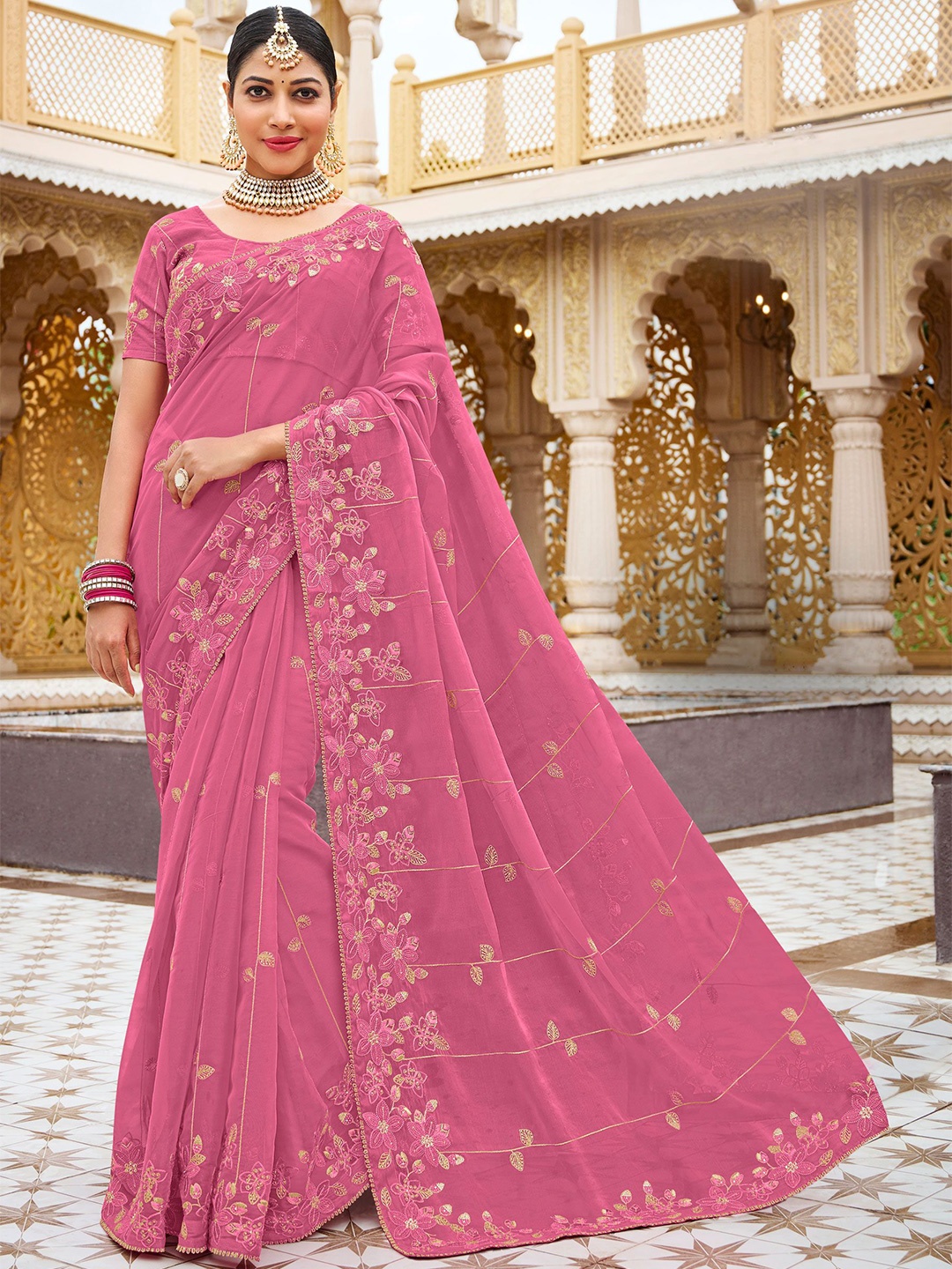 

Laxmipati Floral Embroidered Organza Saree, Pink