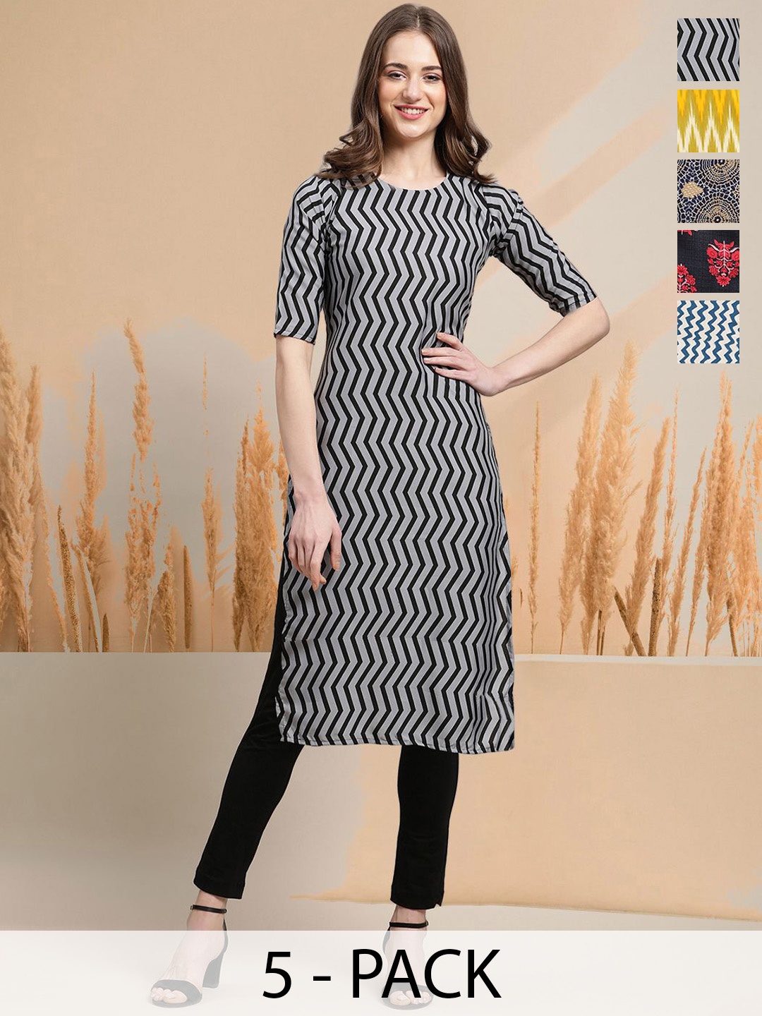 

7Threads Selection Of 5 Chevron Printed Round Neck Straight Kurtas, Grey