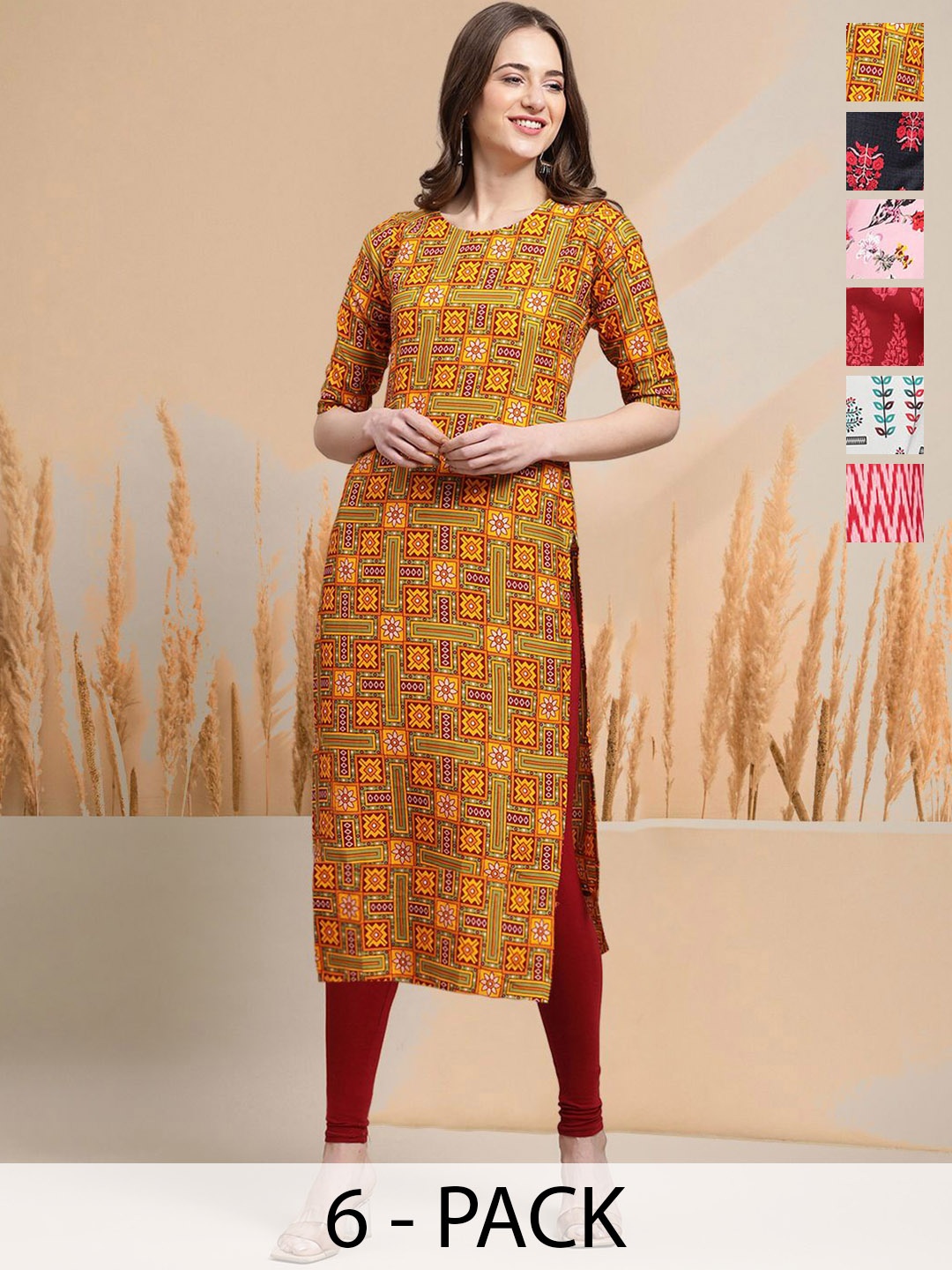 

7Threads Selection Of 6 Ethnic Motifs Printed Round Neck Straight Kurtas, Mustard