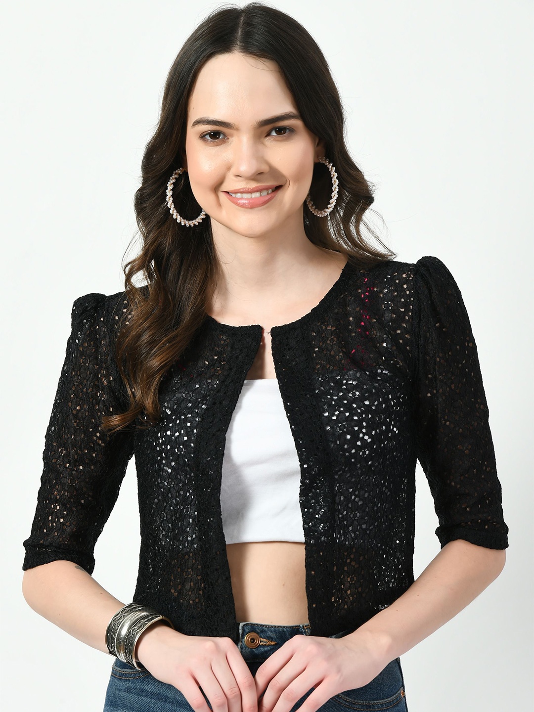 

RAYWARE Women Printed Crop Shrug, Black